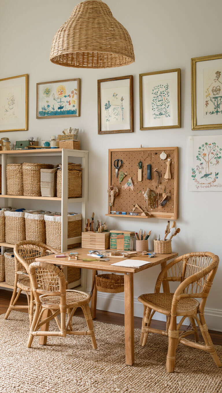 Craft corner with miniature rattan chairs, children's art in brass frames, and organized art supplies in late afternoon light.