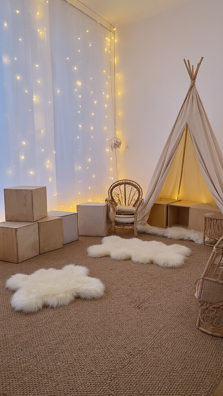 Cozy dusk play area with twinkle lights, sheepskin rugs, wooden activity cubes, a cotton canopy tent, and a child-sized rattan peacock chair.