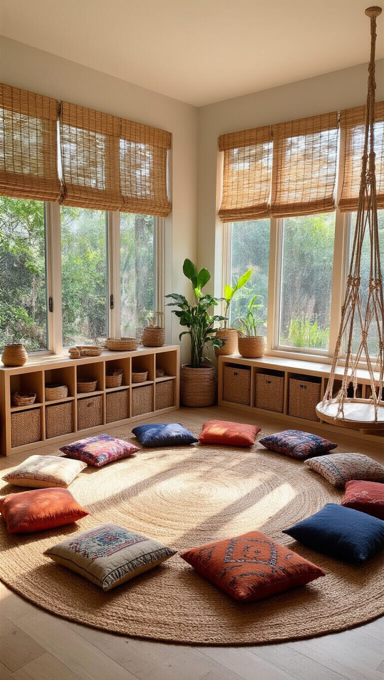 Sensory play space with jute rug, vintage cushions, macramé swing, and Montessori materials, lit by morning sun through bamboo-blinded windows.