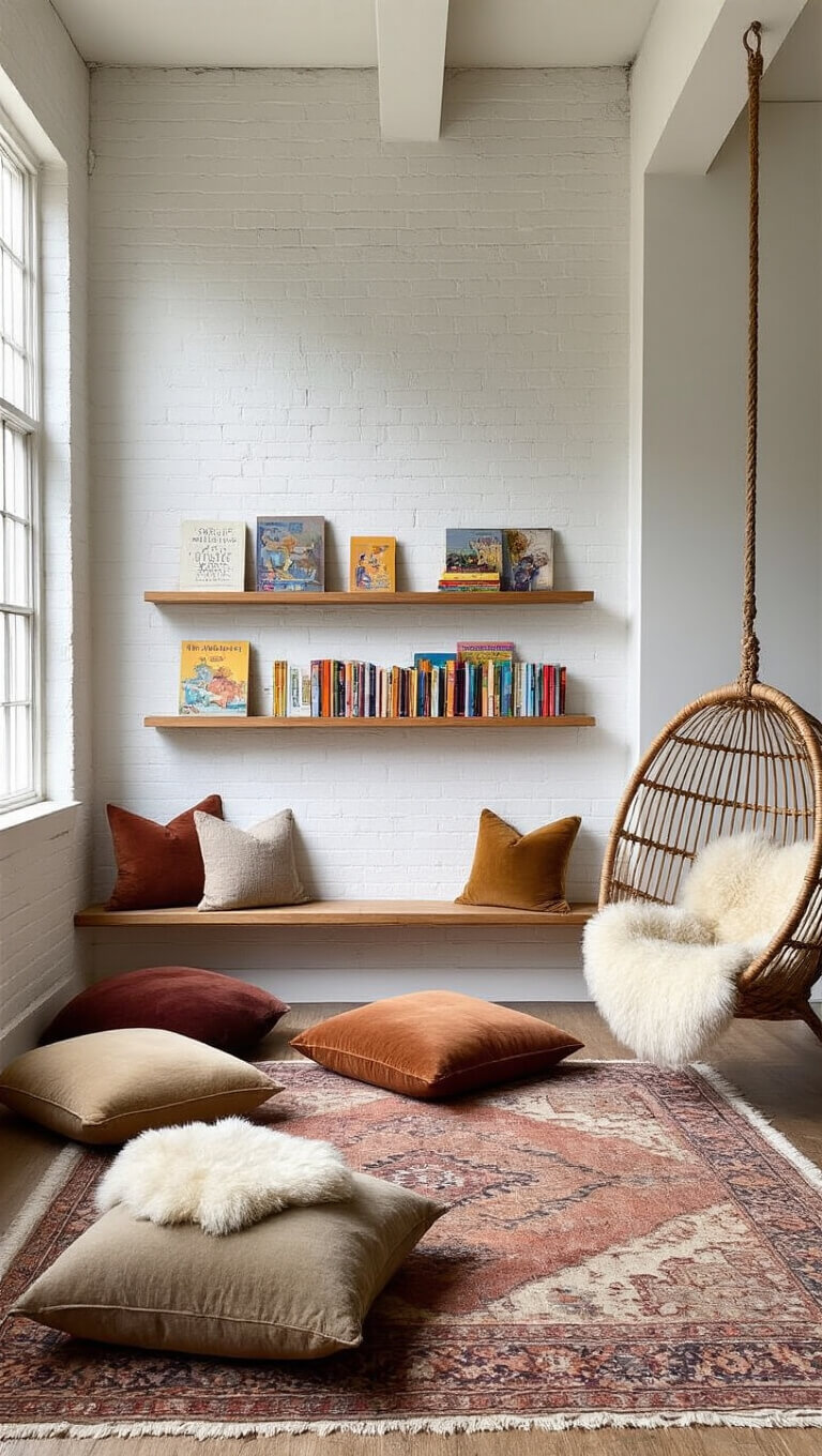 Cozy creative space with dramatic afternoon light, white painted brick wall, floating shelves of children's books, earthy floor pillows, vintage Persian rug, and rattan hanging chair with sheepskin.