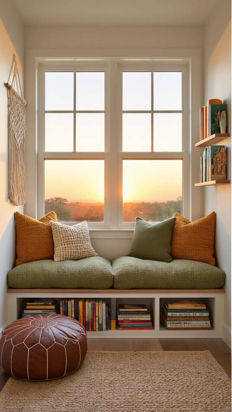 Cozy 12x15ft reading corner with window seat, handwoven cushions in ochre and sage, floating book ledges, macramé wall hanging, and a brown leather pouf at sunset.