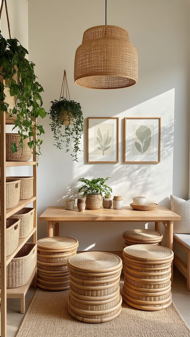 Organized bohemian activity area with low wooden table, rattan stools, labeled seagrass baskets, hanging greenery, and soft morning light.