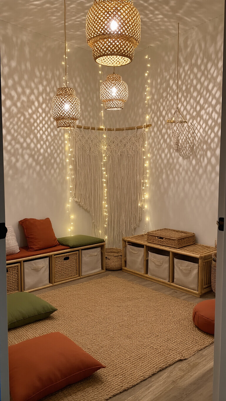 Twilight view of a cozy 18x20ft playroom with Moroccan lanterns, jute play mat, colorful floor cushions, rattan storage, macramé divider, and warm string lights.