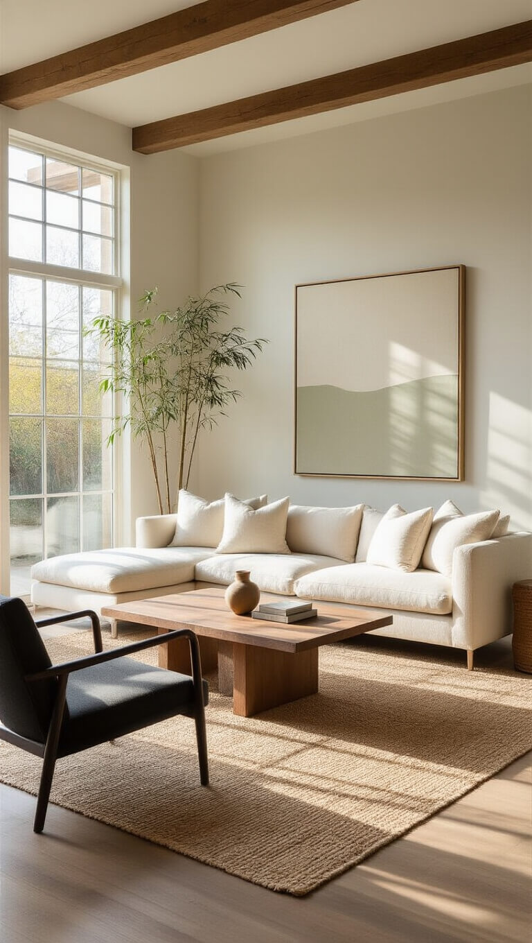 Minimalist 15x20ft living room with cream sofa, walnut coffee table, jute rug, bamboo plant, black accent chair, exposed beams, and morning light through floor-to-ceiling windows.