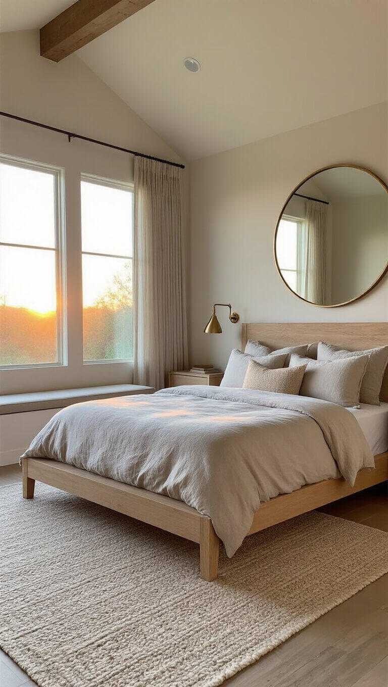 Master bedroom with vaulted ceiling at golden hour, featuring a bleached oak platform bed in dove gray linens, warm filtered light through sheer curtains, a round mirror reflecting sunset, and a wool runner leading to a window seat.