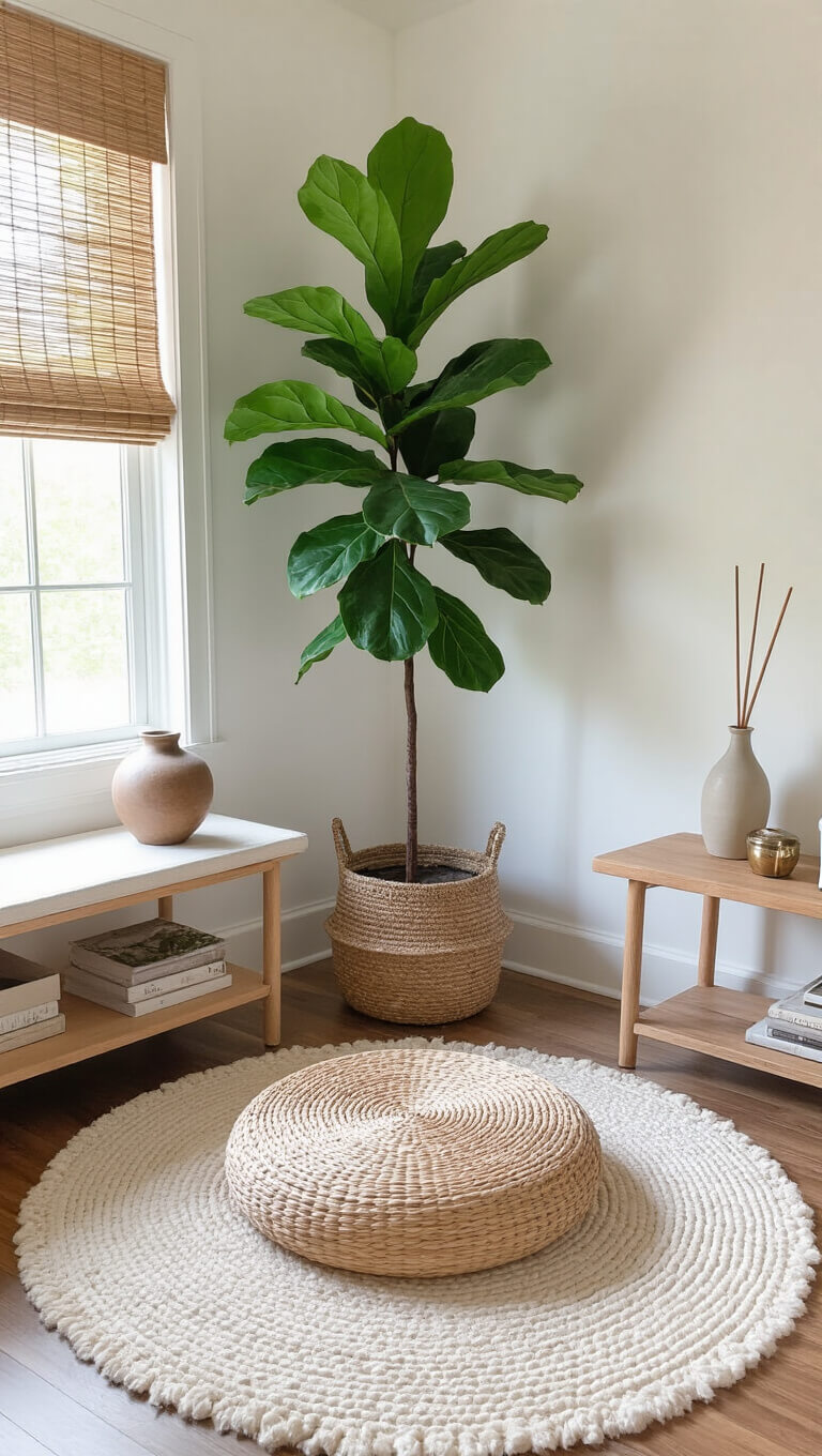Meditation corner in home office with rattan cushion on ivory wool rug, fiddle leaf fig, bamboo shade, and styled wooden shelf in soft natural light.