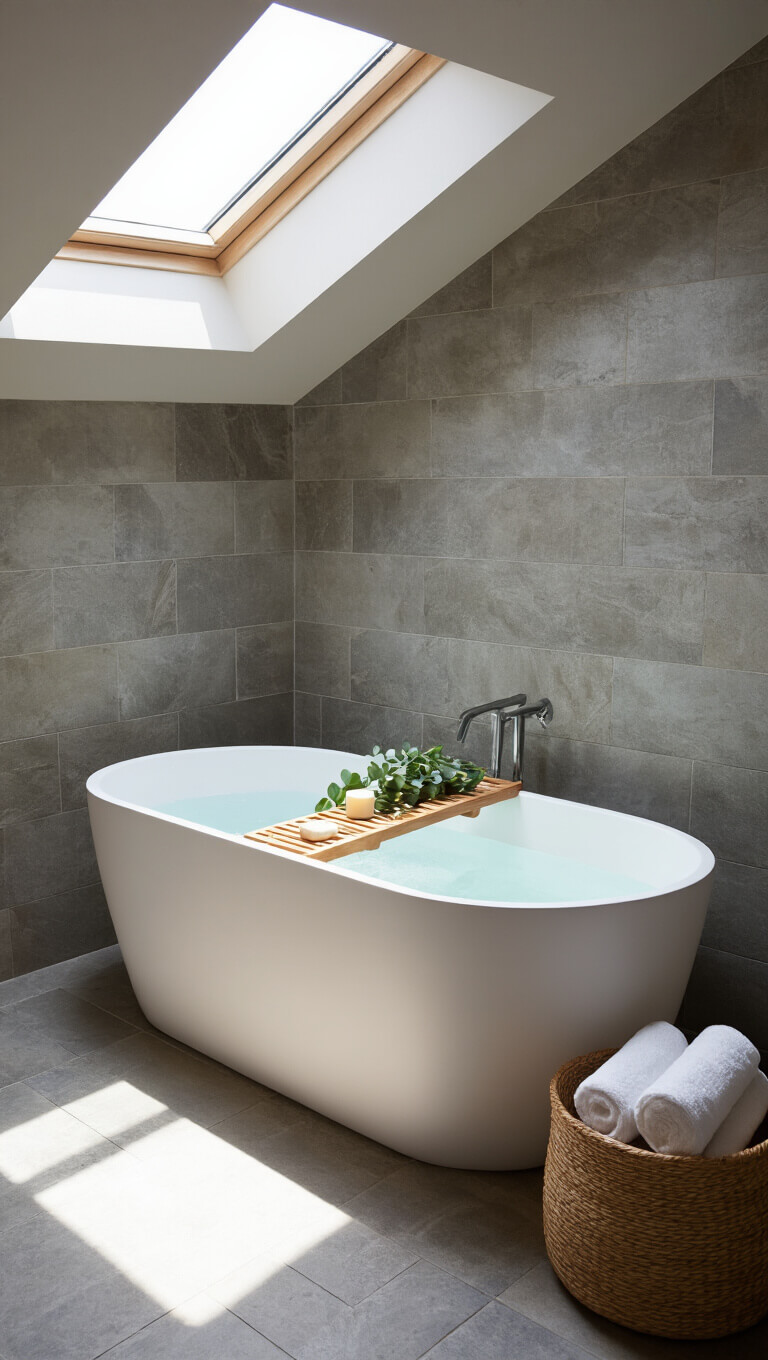 Zen-style bathroom with white freestanding tub under skylight, teak bath caddy holding eucalyptus and soap, warm gray stone-look tiles, and woven basket with rolled towels.