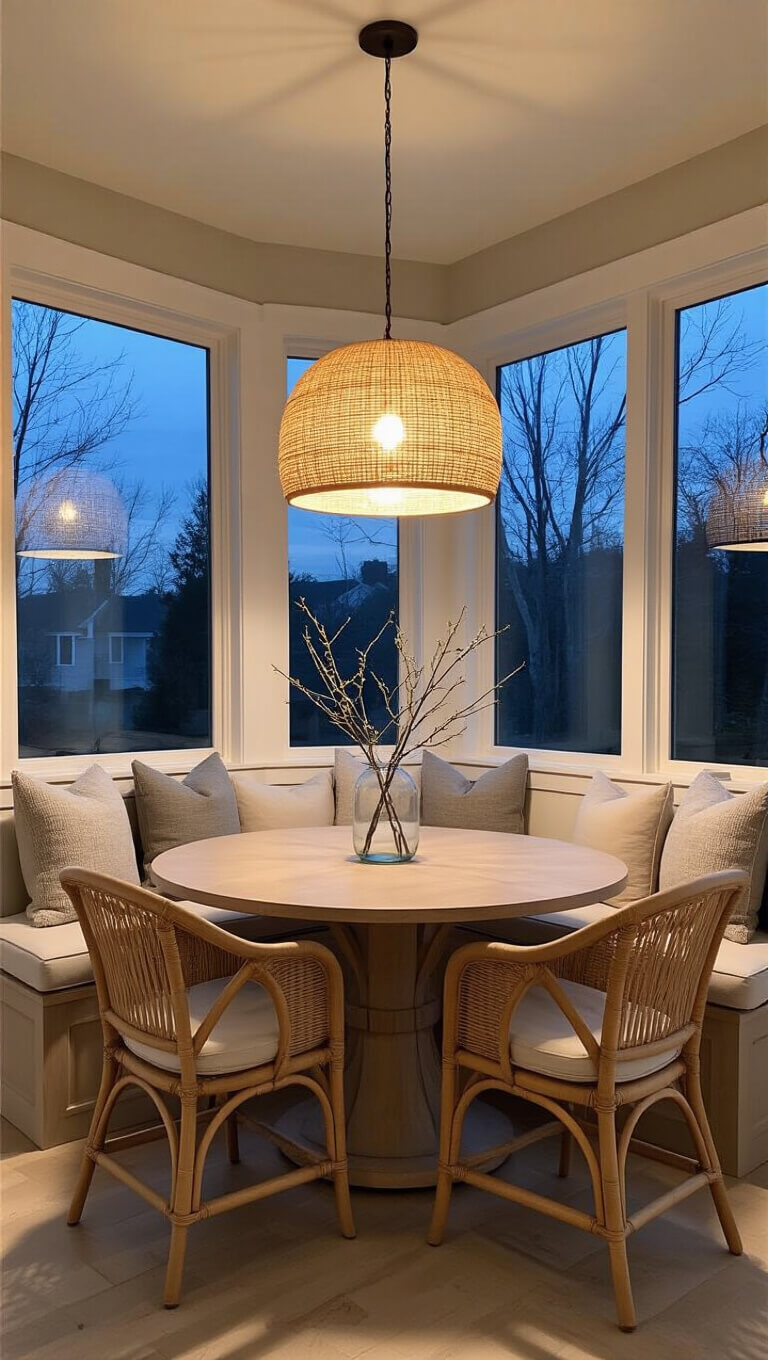 Cozy kitchen dining nook at twilight with round oak table, rattan chairs, built-in bench, and warm pendant lighting against blue hour window.