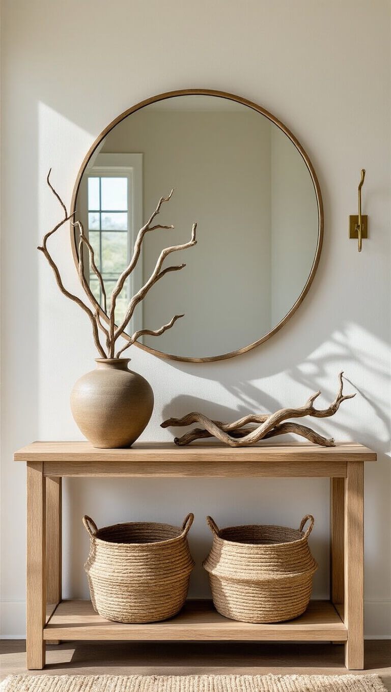 Minimalist entryway with floating oak console, ceramic vessel with driftwood, round mirror reflecting light, woven basket below, and brass hooks on wall.