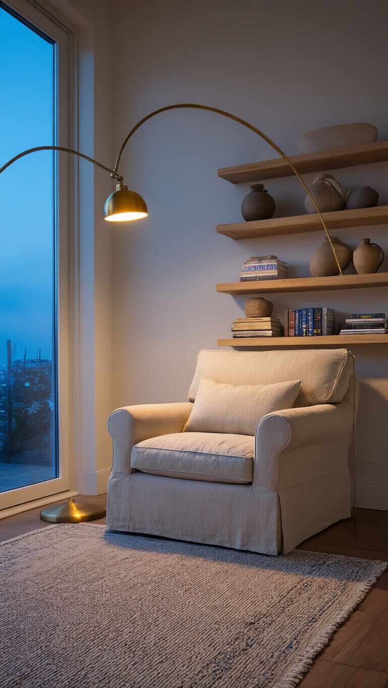 Cozy reading corner at dusk with oversized oatmeal chair, brass floor lamp, floating shelves with ceramics and books, and handknotted rug, captured from low angle.