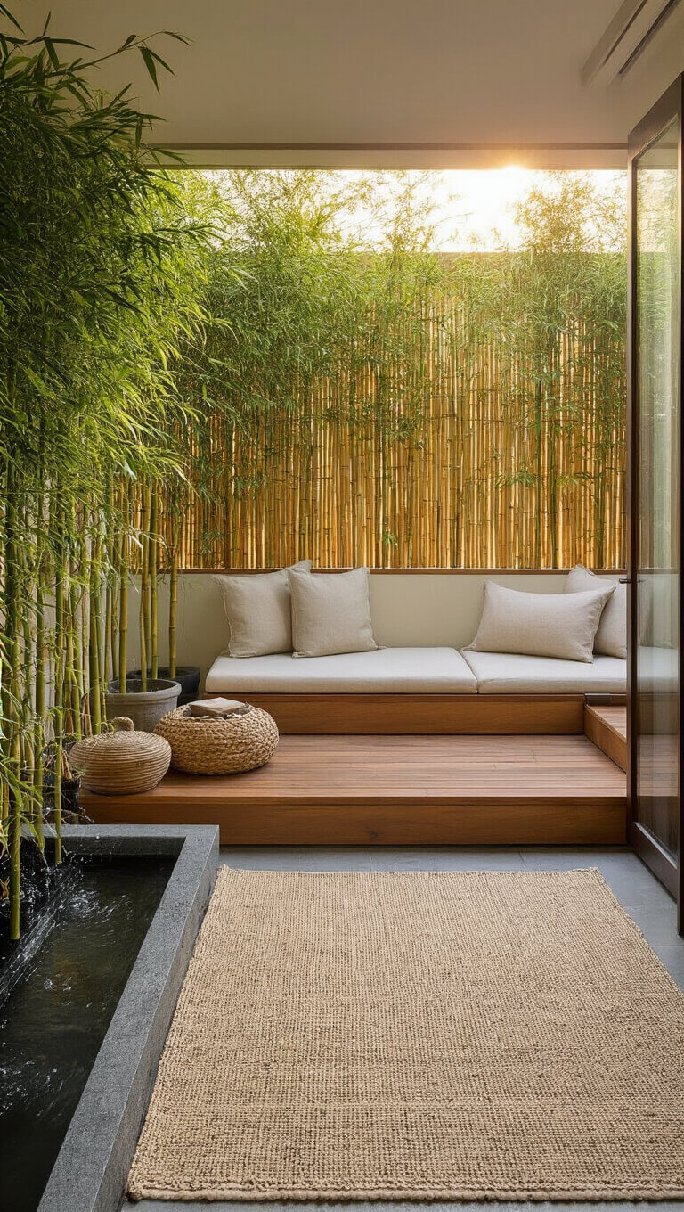 Sunlit balcony meditation space with teak platform, canvas cushions, bamboo screen, stone water feature, and neutral outdoor rug viewed through doorway.