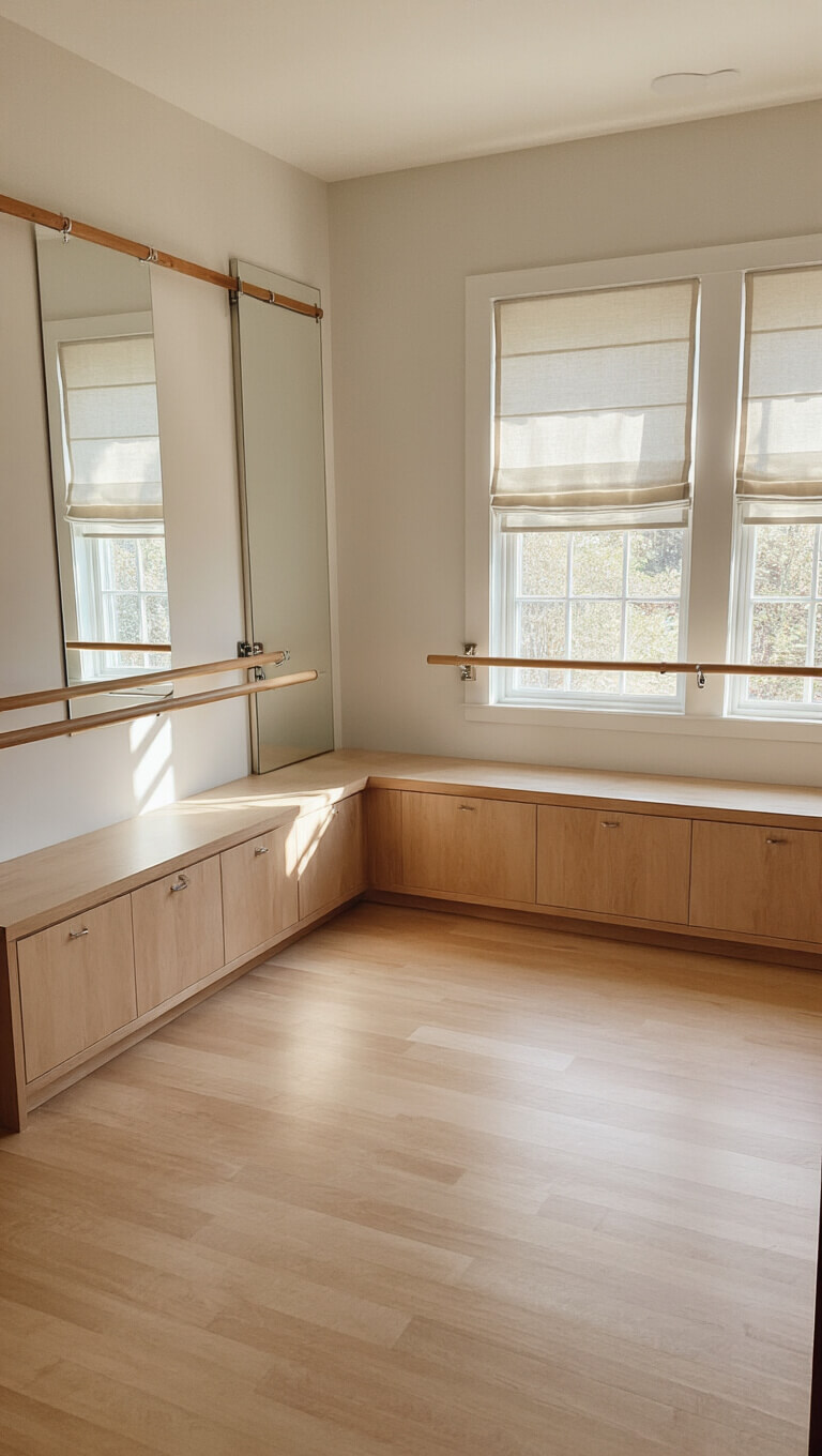 Home yoga studio with light maple floors, wall mirrors, wooden barre, built-in cabinets, and filtered morning light from eastern windows.