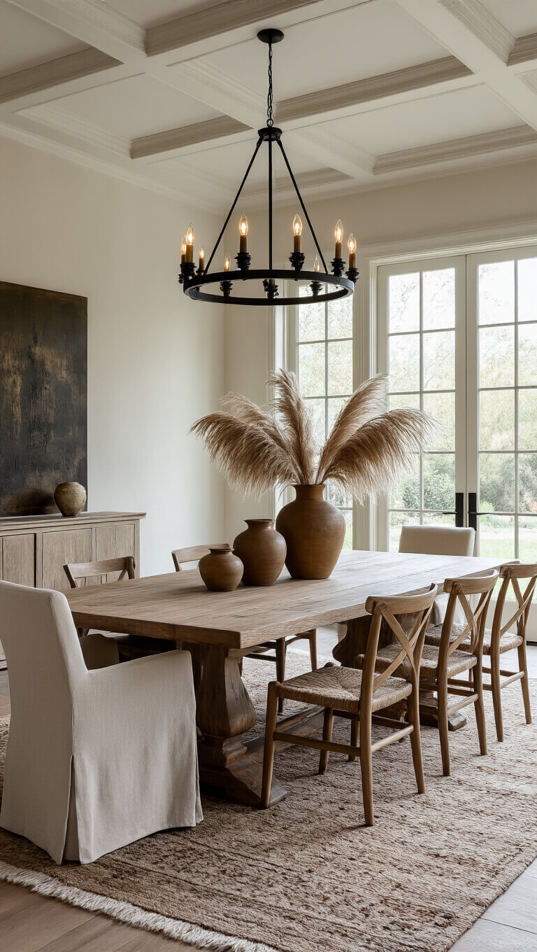 Candlelit dining room with coffered ceiling, oxidized oak table on vintage rug, mixed seating, ceramic vessels with pampas grass, and black metal chandelier.