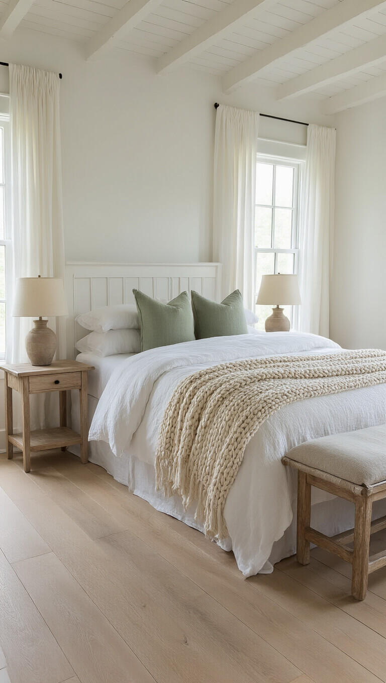 Minimalist 12x14ft cottage bedroom with white oak floors, whitewashed bed, ivory linens, and morning light filtering through sheer curtains.