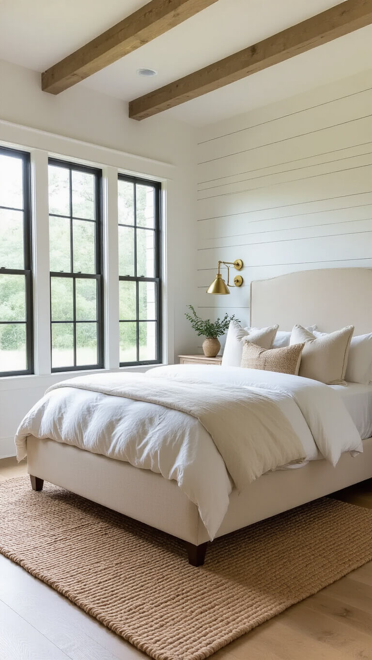 Cream upholstered bed in a 15x16ft farmhouse bedroom with brass sconces, shiplap accent wall, jute rug, and honey-toned hardwood floors at twilight.