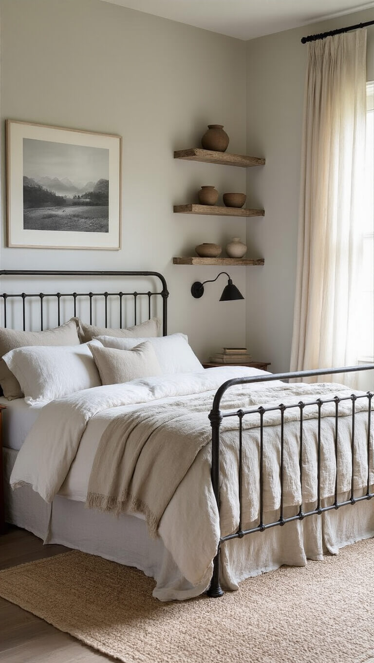 Serene bedroom with white iron bed, stonewashed linen bedding, and soft afternoon light filtering through gauzy curtains.