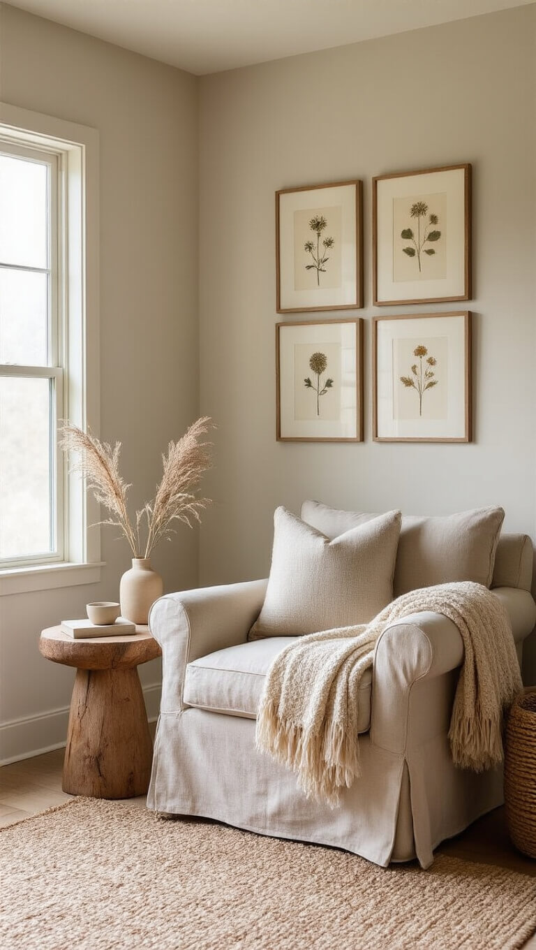 Cozy bedroom corner with linen armchair, wood side table, framed pressed botanicals, and wool throw in soft morning light.