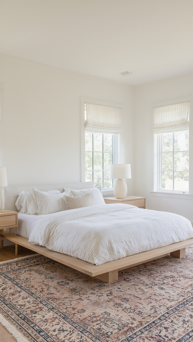 Serene 14x16ft bedroom with dawn light, platform bed, white bedding, vintage rug, and minimalist decor.