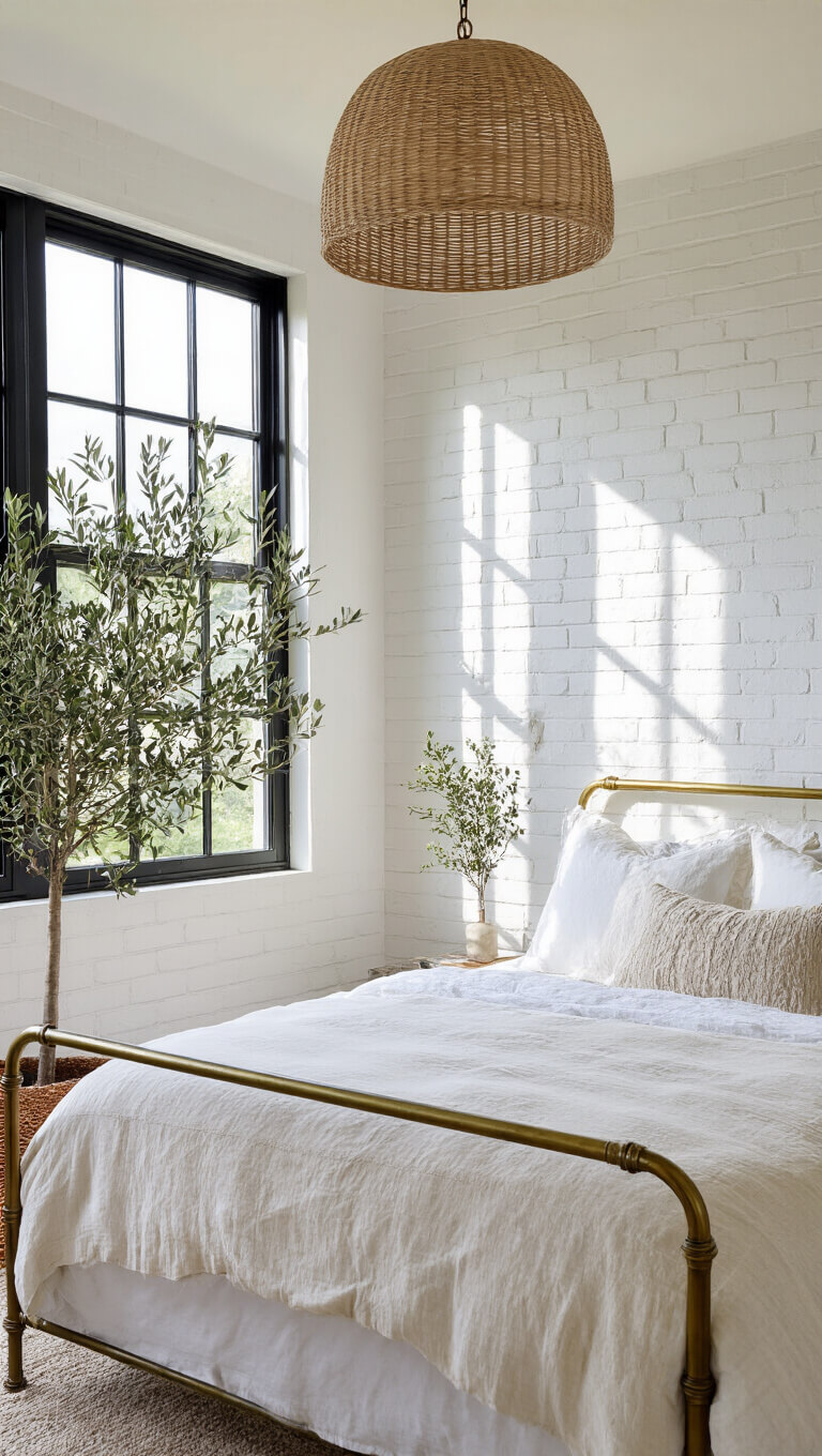 Cozy cottage bedroom at dusk with white brick walls, dark iron windows, brass-accented bed in soft neutral linens, oversized woven pendant light, and potted olive tree.
