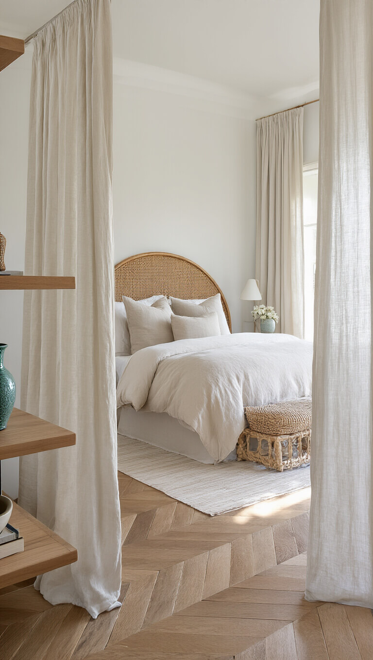 Main bedroom with herringbone wood floors, rattan headboard, ivory and sand bedding, linen drapes, and floating oak shelves with vintage ceramic vessels.