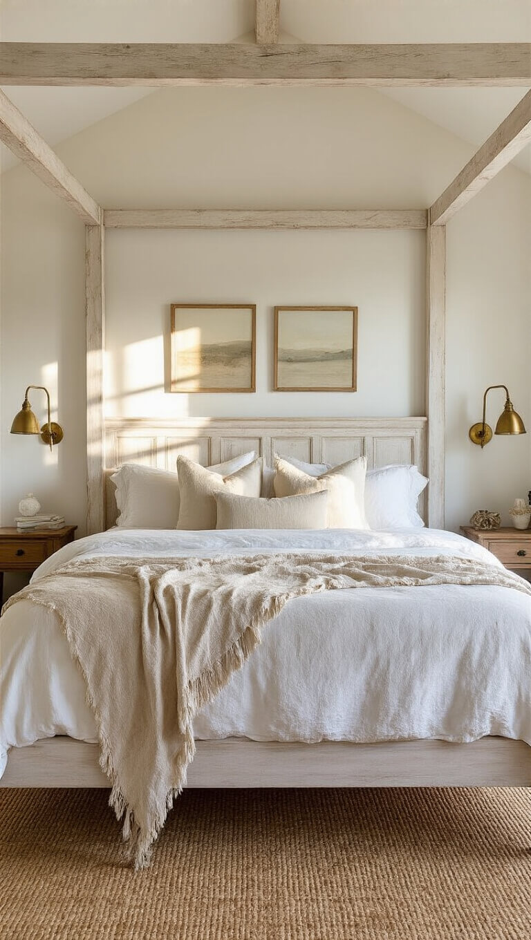 Golden hour light fills a 13x14ft bedroom with a whitewashed four-poster bed, rumpled linen, brass sconces, and a textured sisal rug.