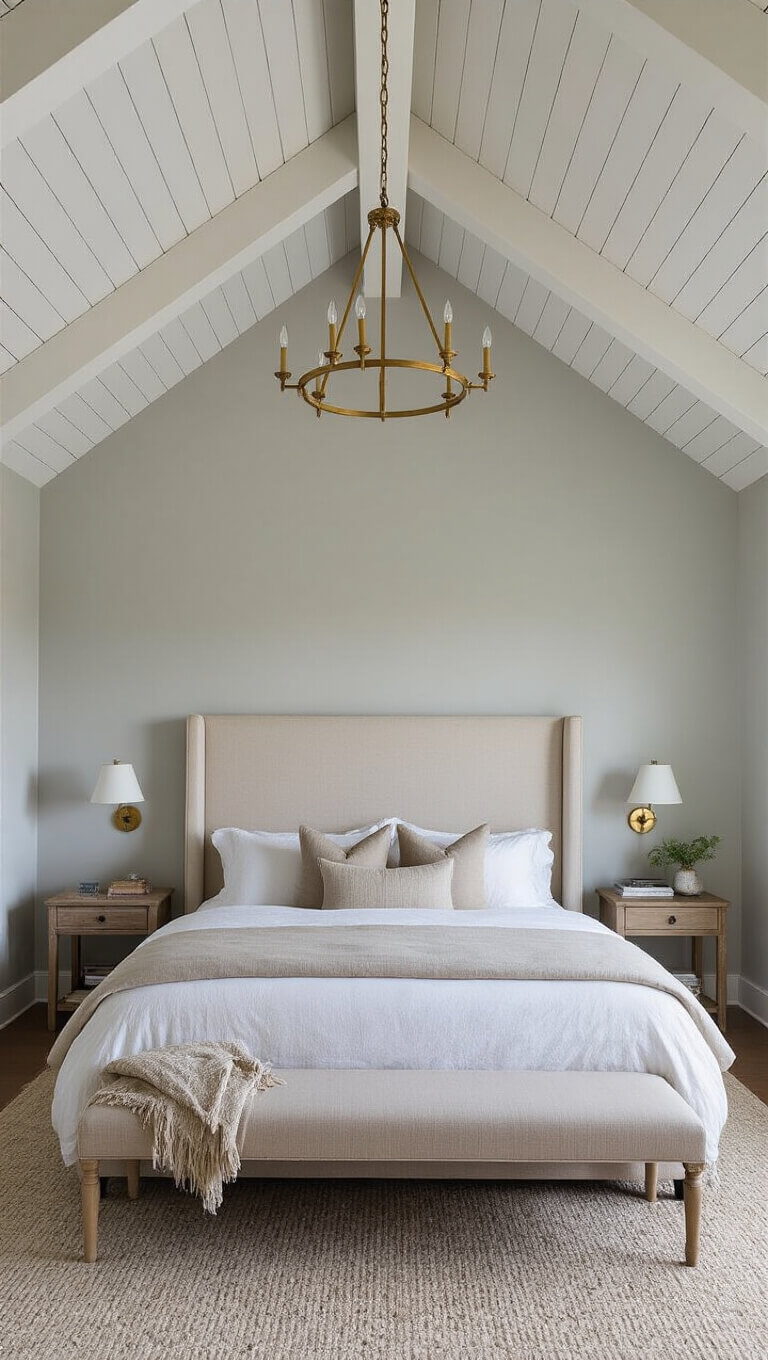Primary bedroom with vaulted ceiling, white beams, California king bed, and pale grey walls in soft morning light.