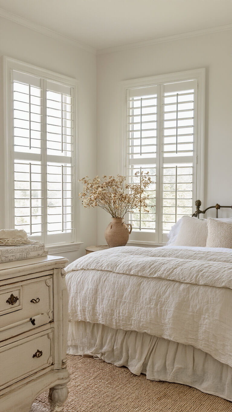 Sunlit 14x15ft bedroom with white iron bed, layered neutral bedding, vintage dresser, and dried flowers in ceramic vase.
