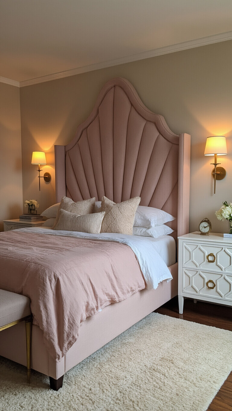 Blush pink queen bed with tall channeled headboard in a cozy, dimly lit bedroom featuring brass-accented nightstands, a plush cream rug, and warm sconce lighting at dusk.