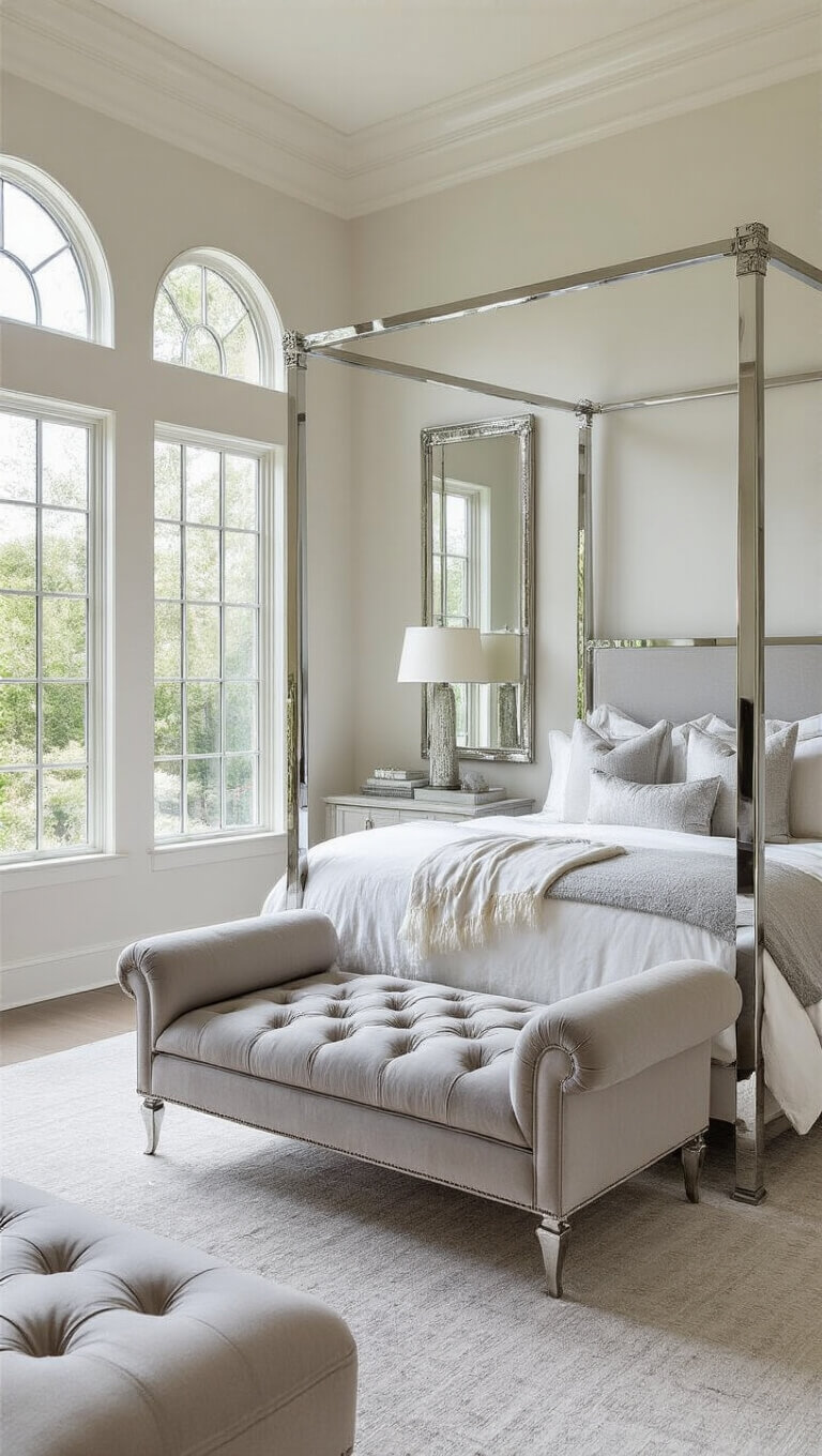 Luxurious 20x24ft master suite with chrome canopy bed, silver and gray linens, arched windows, tufted pearl gray chaise, and antiqued silver mirrors in natural morning light.