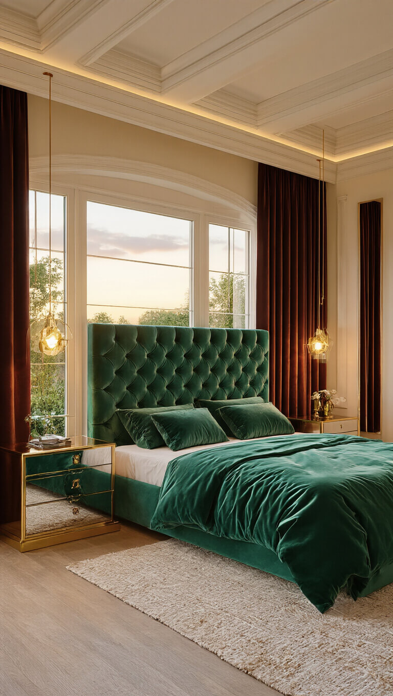 Luxurious bedroom with emerald tufted headboard, gold nightstands, velvet drapes, and warm sunset lighting.
