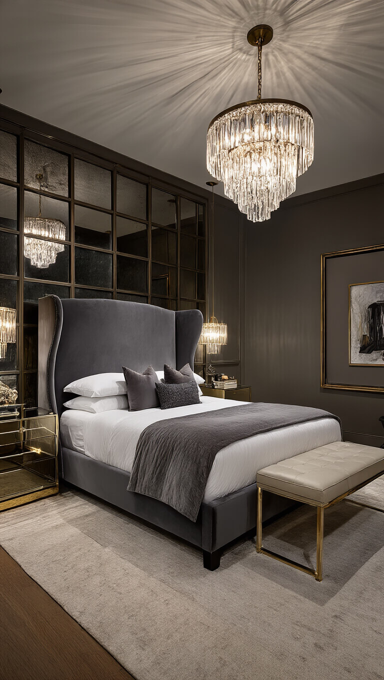Luxurious bedroom at night with a charcoal velvet wingback bed, antiqued mirror wall, brass and lucite nightstands, and a crystal chandelier casting dramatic shadows.