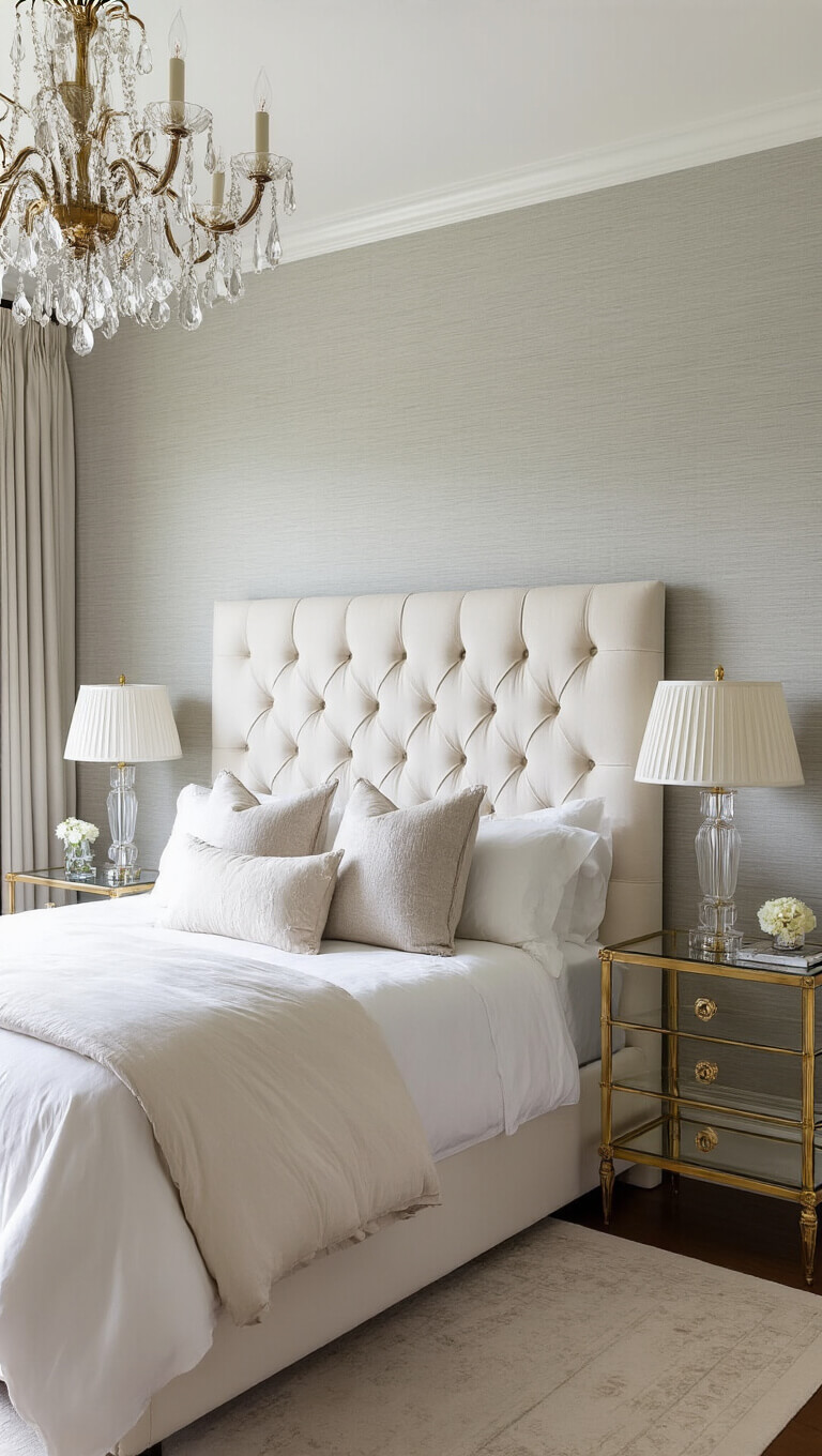 Elegant 16x18ft bedroom with ivory silk tufted headboard, pale gray grasscloth walls, crystal lamps on acrylic and gold nightstands, and vintage Murano glass chandelier in soft morning light.