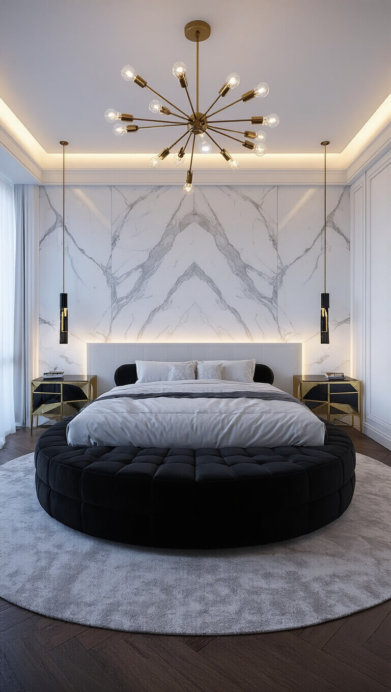Dramatic 17x19ft bedroom at dusk with black velvet curved bed, white marble walls, brass and smoked glass nightstands, and sputnik chandelier casting moody shadows.