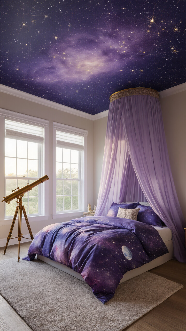 Sunlit bedroom with cathedral ceilings, fiber optic star ceiling, whimsical canopy bed with cosmic bedding, and vintage brass telescope by bay window.