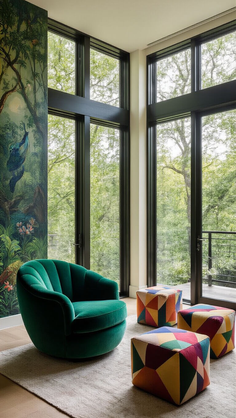 Modern 20x24ft living room with emerald velvet peacock-shaped armchair, mismatched jewel-toned ottomans, handpainted fantastical forest mural, and floor-to-ceiling windows with soft mid-afternoon light.