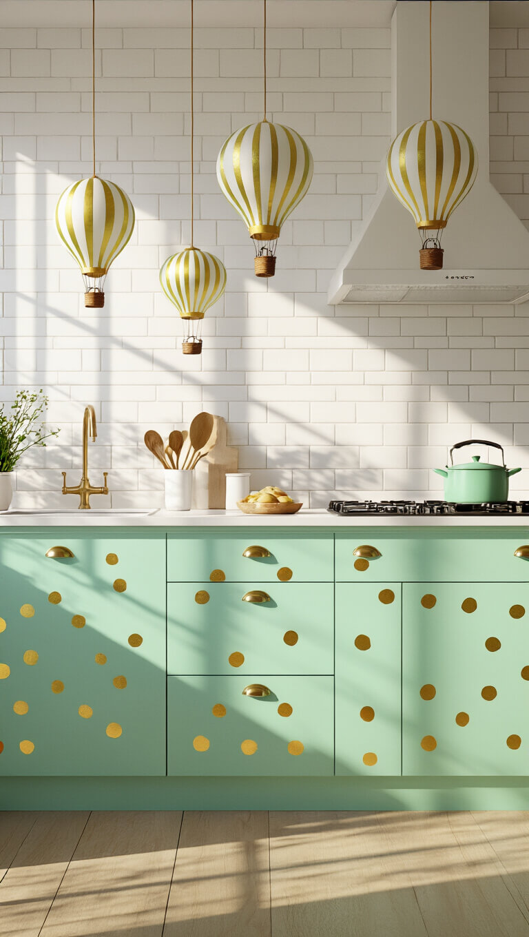 Bright kitchen with mint green cabinets featuring golden polka dots, white subway tiles, and hot air balloon pendant lights in morning light.