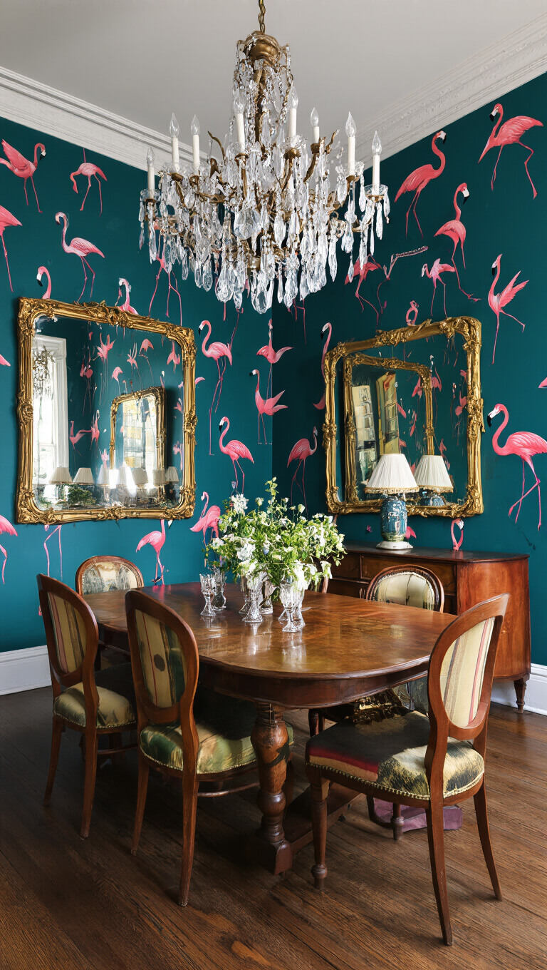 Victorian-style dining room with flamingo wallpaper, vintage gilt mirrors, and crystal chandelier lit by blue hour side lighting.