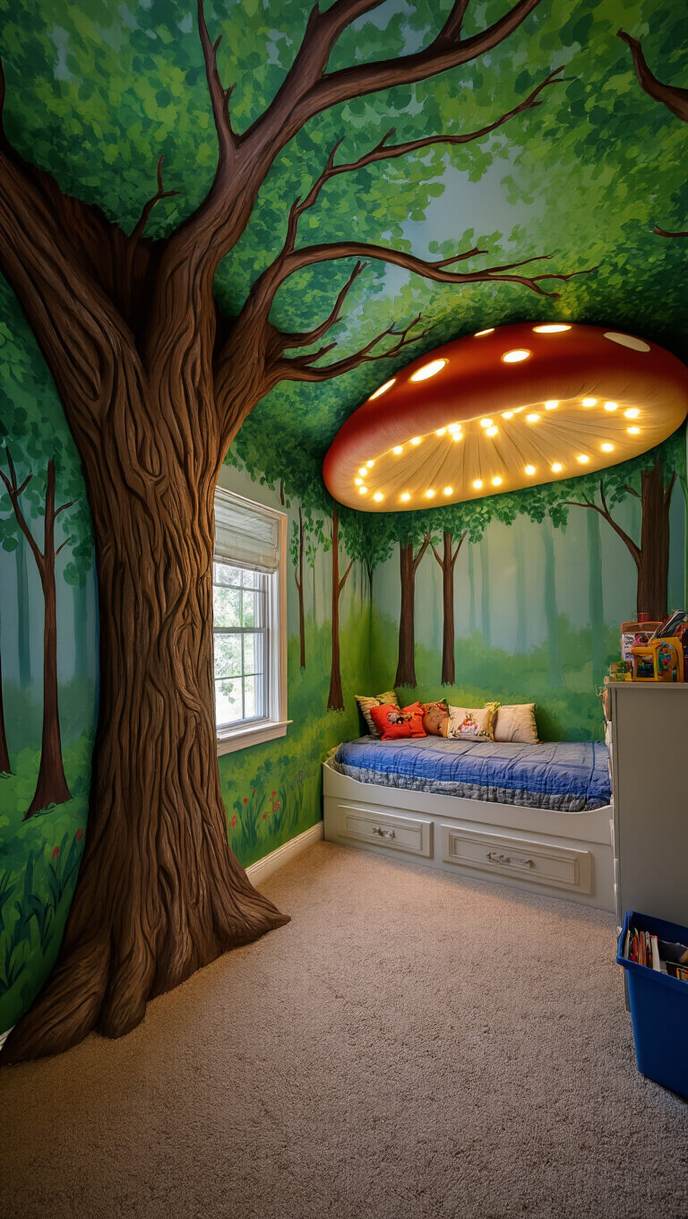 Child's bedroom decorated as a storybook forest with hand-painted tree trunk, ceiling branches, and mushroom-shaped reading nook with LED canopy, viewed from child's eye level.