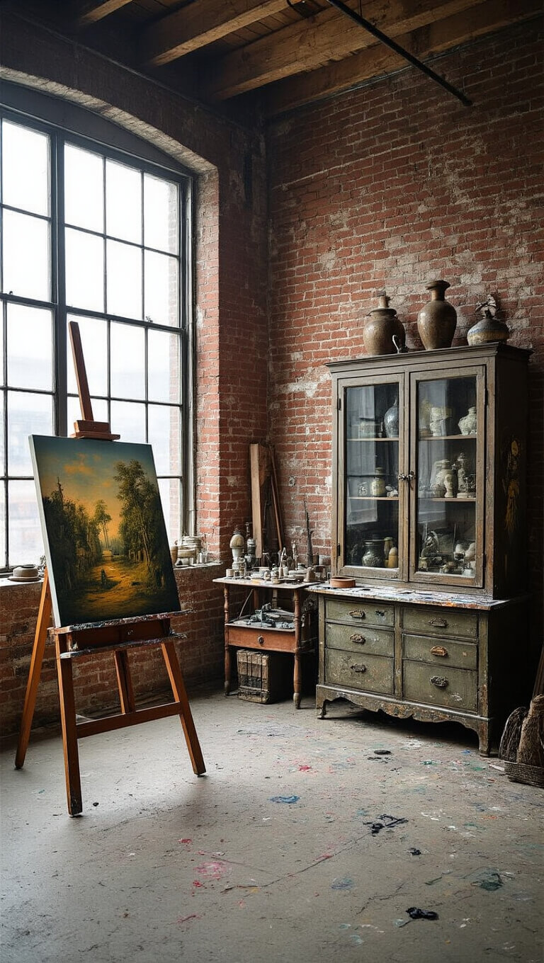 Art studio loft with exposed brick, industrial windows, antique apothecary cabinet of curiosities, and paint-splattered easel holding surreal painting in soft, overcast light.