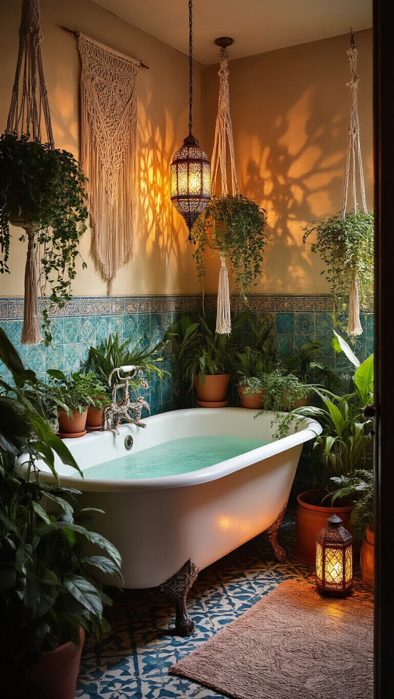 Bohemian bathroom with clawfoot tub, potted plants, macramé hangings, Moroccan lanterns casting shadows on jewel-toned tiles, warm dusk lighting.