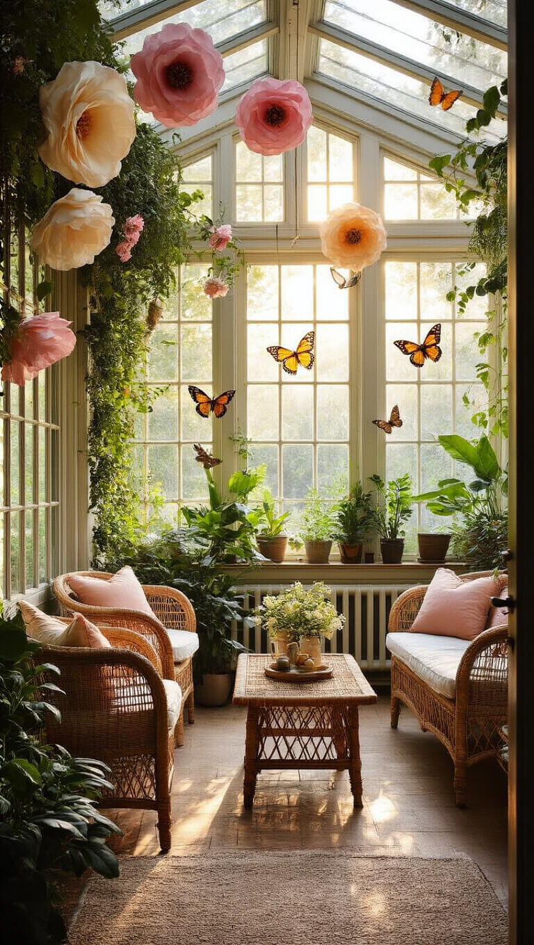 Garden room with greenhouse windows, vintage rattan furniture, oversized paper flowers on walls, and hanging butterflies in soft morning light with dreamy lens flare.