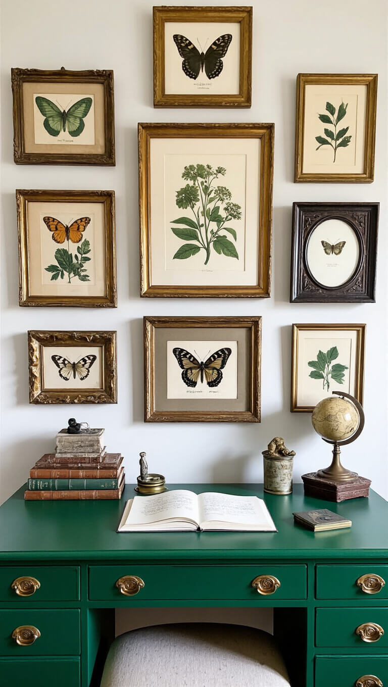 Eclectic home office with emerald green desk, vintage botanical gallery wall, butterfly specimens, and moody afternoon lighting.