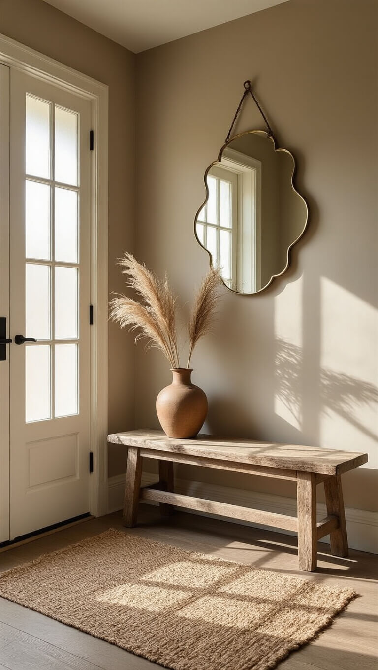 Cozy 8'x6' entryway with oak bench, brass mirror, jute rug, and pampas grass in ceramic vase, lit by morning light through frosted glass door.