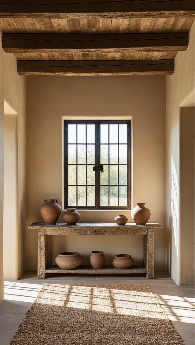 Rustic sunlit foyer with exposed wooden beams, textured clay walls, vintage console table, handmade pottery, and sisal runner.