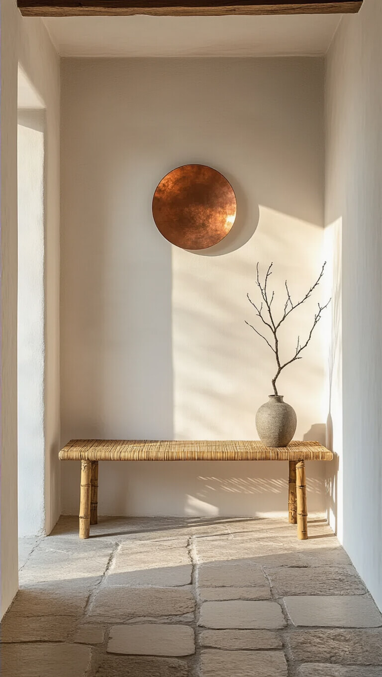 Minimalist 5'x7' entryway with white plaster walls, rough stone floor, aged bamboo bench, Japanese maple branch in glazed vase, and weathered copper circle lit by golden hour light.