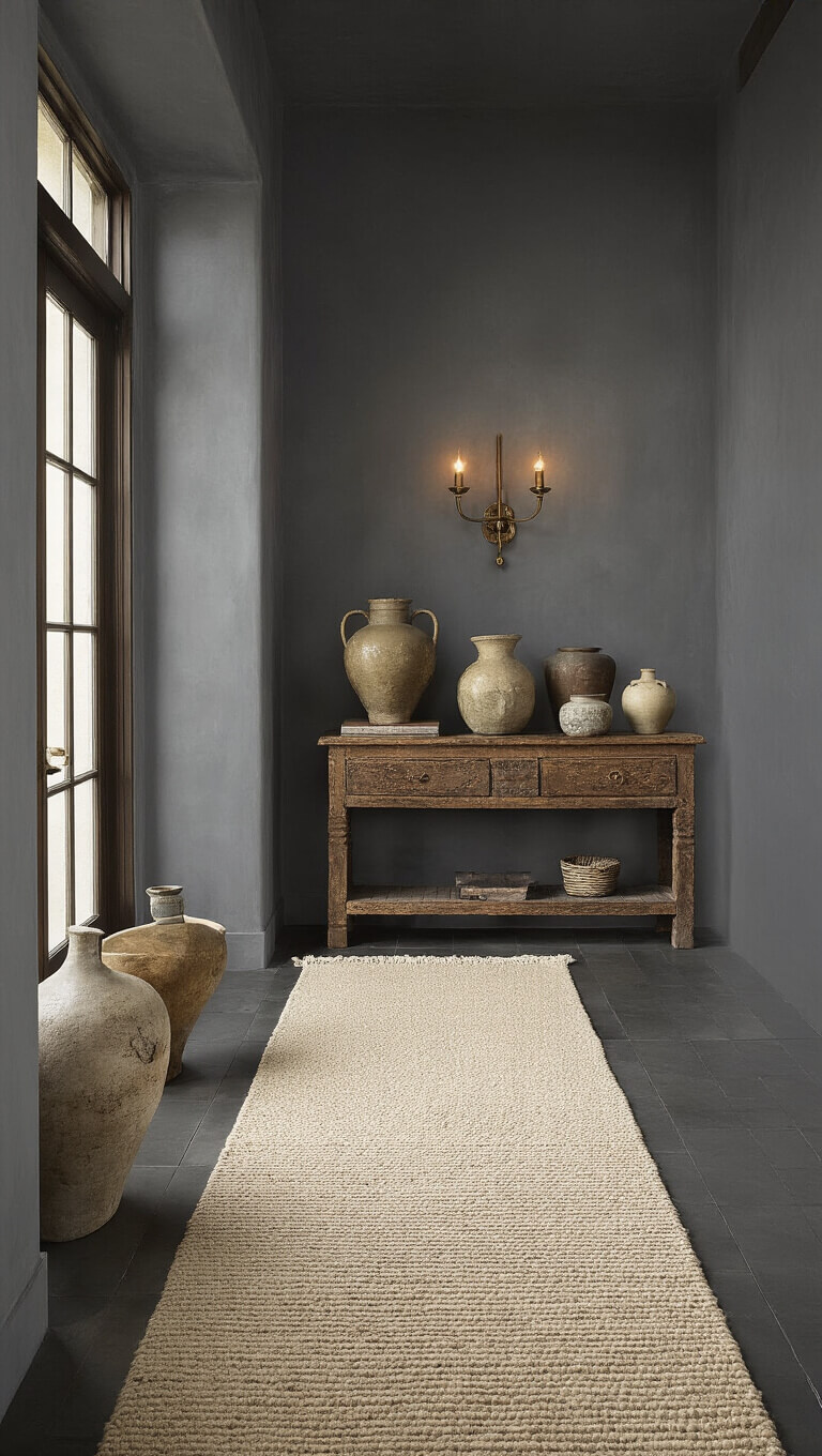 Dramatic entryway at dusk with charcoal lime wash walls, antique wooden console, ivory wool runner, ceramic vessels, and brass wall sconce, viewed from above.