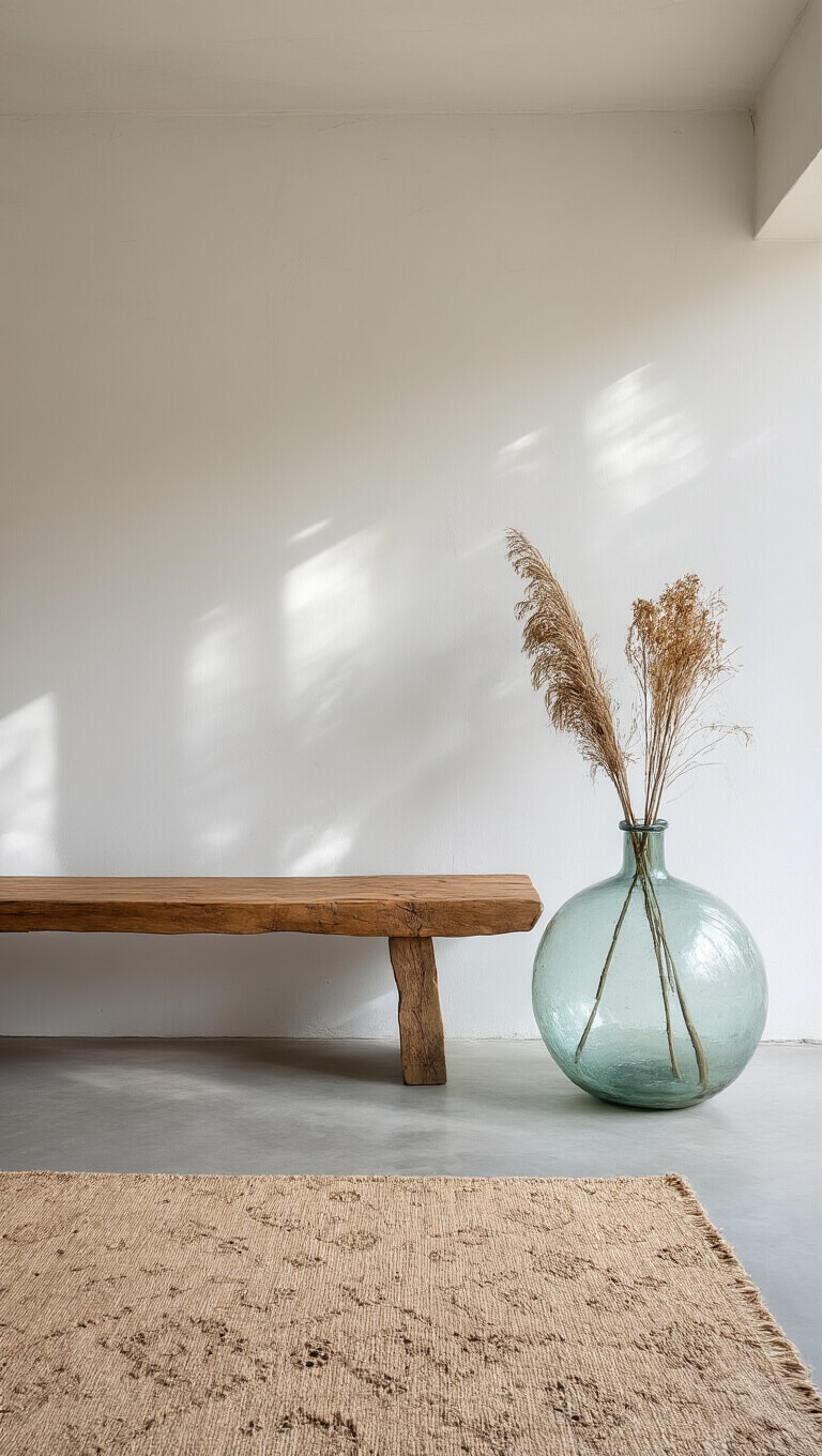 Minimalist entrance with diffused light, concrete floor, white textured walls, teak bench, glass vase with dried botanicals, and natural hemp rug.
