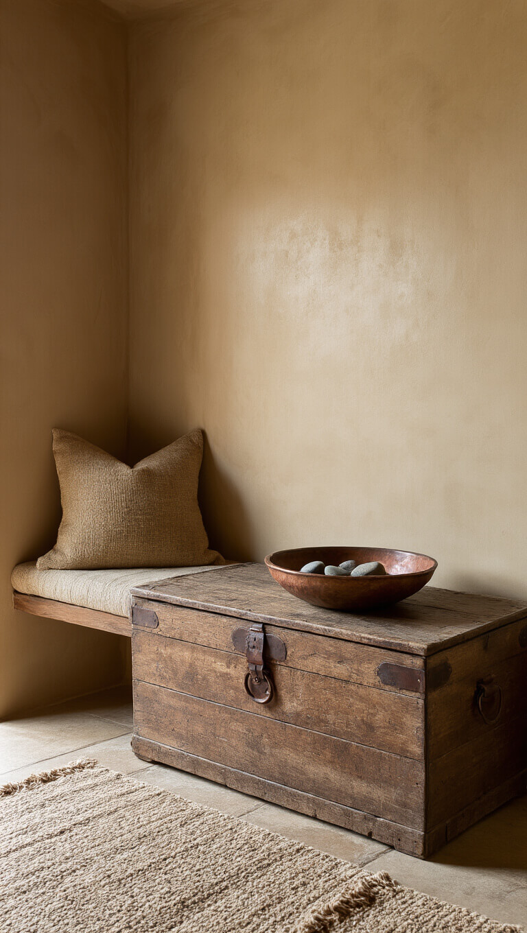Cozy 6'x8' entry nook with clay-finished walls, vintage wooden chest, earth-toned wool runner, and copper bowl of river stones in warm morning shadow.