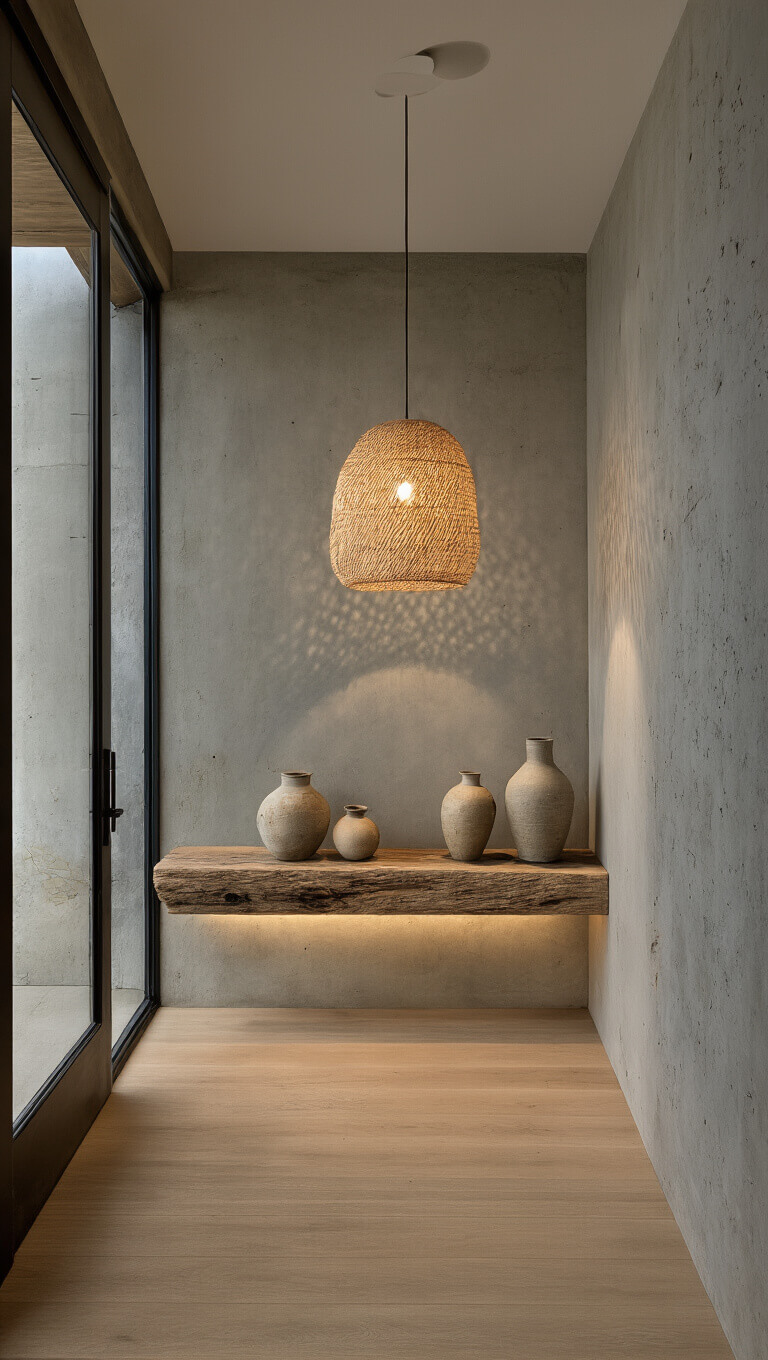 Modern 8'x9' twilight entryway with concrete walls, bleached oak floor, reclaimed wood shelf, wabi sabi ceramics, and natural fiber pendant light.