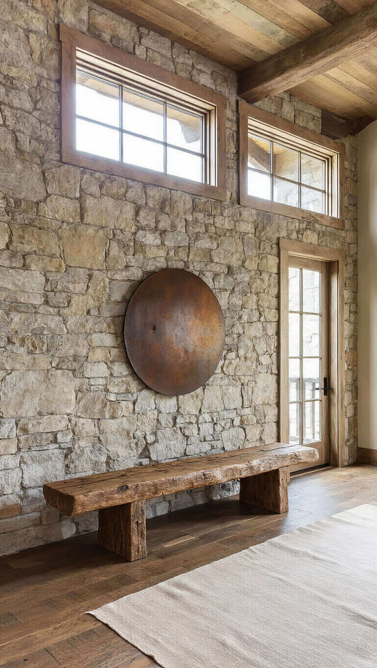 Rustic mountain entry with rough stone walls, distressed wood floors, and morning light streaming through clerestory windows, featuring a large timber bench, patinated iron mirror, and raw silk runner.